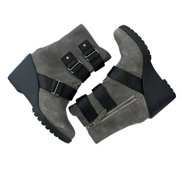 Sorel After Hours Wedge Moto Bootie Gray Suede Black Straps Sz 6 Gorpcore Chic - Picture 3 of 10